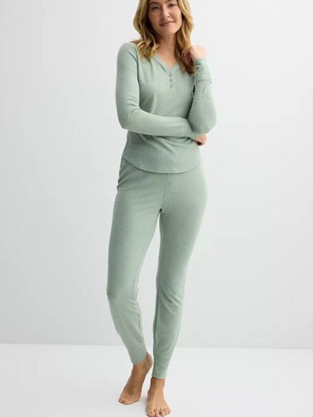 Sonoma Thermal Waffle Pajamas 2 PC Set Henley Top & Jogger Pants Green Large NEW